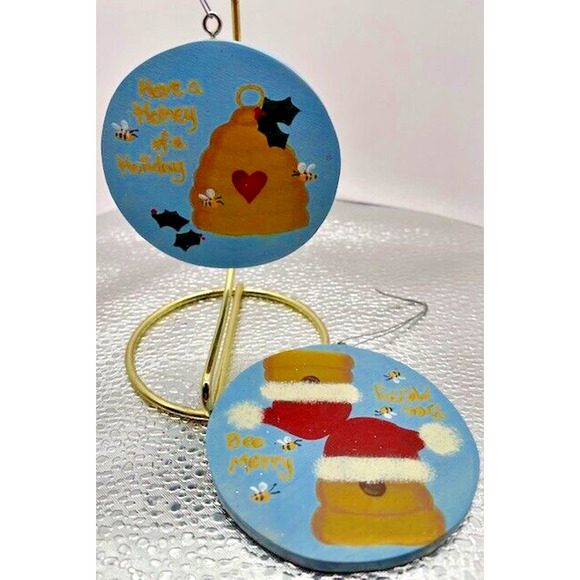 Hand Crafted Other - Vintage Christmas Bee Hive Wooden Ornaments Handcrafted & Signed Frogs Set of 2